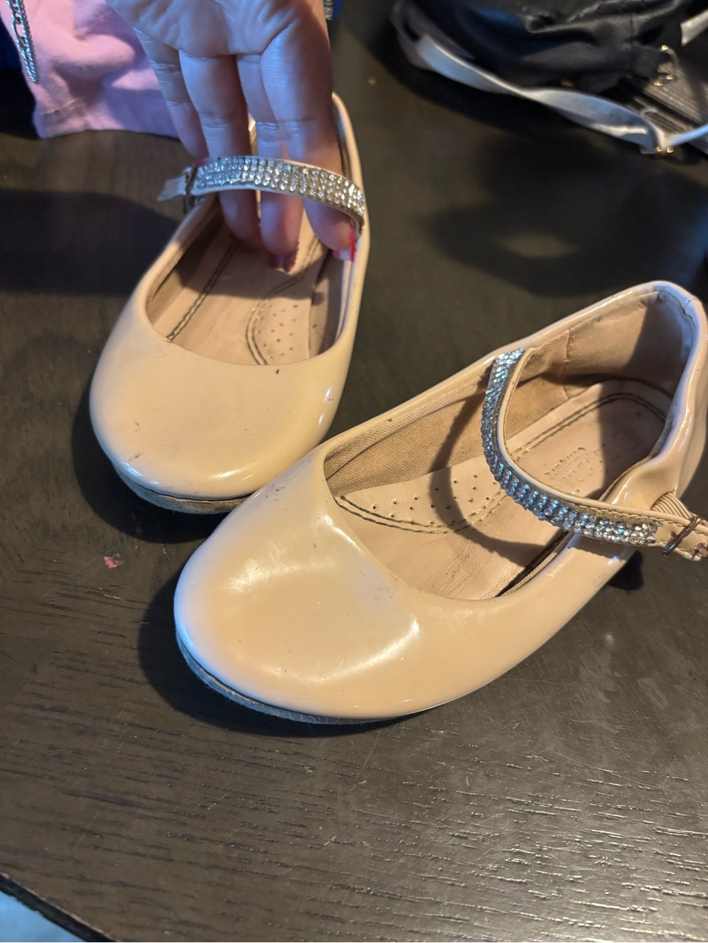 Girls Beige Patent Mary Jane Shoes with Rhinestone Strap